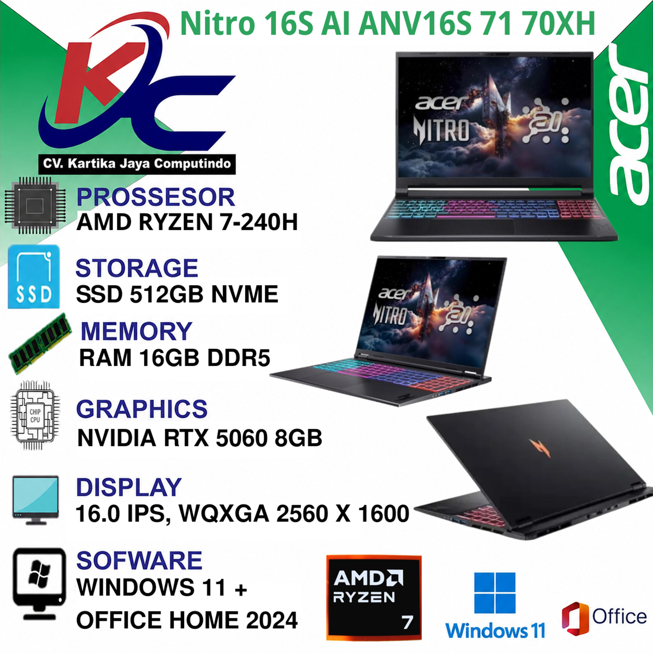ACER ANV16S-71-70XH  R7-240H/ 16GB/ SSD512/ RTX5060/ W11 OHS+M365 